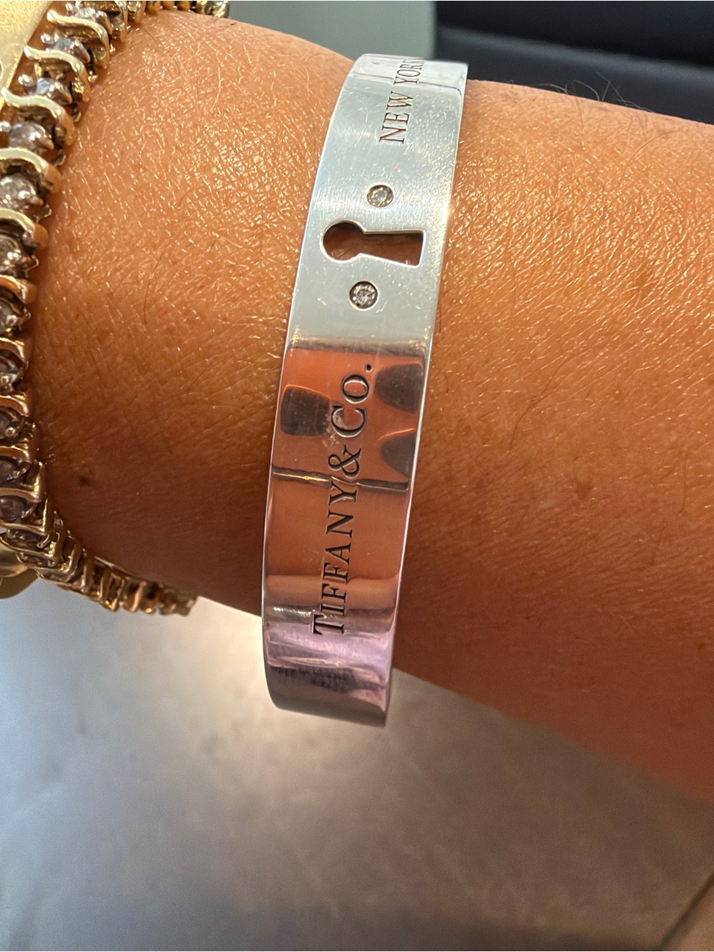 Tiffany & Co. Silver Keyhole ID Bangle with Crystal Accents